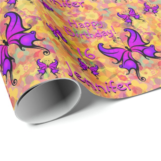 Lila Butterfly Personalize Namn Age Roll of Presentpapper (Rullad Hörn)