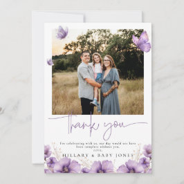 Lila Butterfly Photo Baby Show Tack you Card Inbjudningar