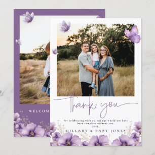 Lila Butterfly Photo Baby Show Tack you Card Inbjudningar