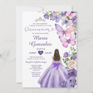 Lila Butterfly Princess Blommigt Quinceañera Inbjudningar