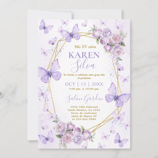 Lila Butterfly Quinceanera-inbjudan Inbjudningar (Framsida)