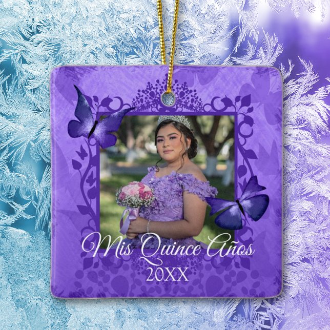 Lila Butterfly Quinceanera Personlig Ornament (purple quinceanera tree ornament christmas keepsake 15 15th fifteenth photo fancy purple frame)