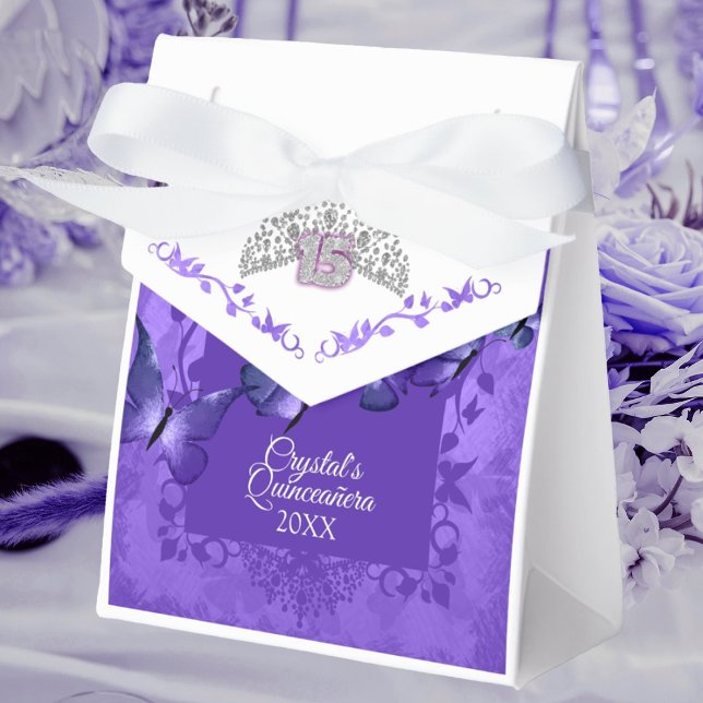 Lila Butterfly Quinceanera Ribbon Favor Box Presentaskar (purple silver crown tiara quinceanera party favor bag personalized gift bag purple butterflies)