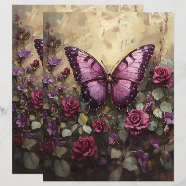 Lila Butterfly Ro Bush Skrapbok Papper (Fram/baksida)