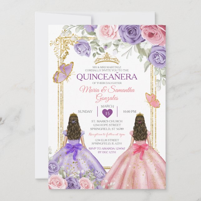 Lila Butterfly Rosa Blommigt Twin Guld Quinceañera Inbjudningar (Framsida)