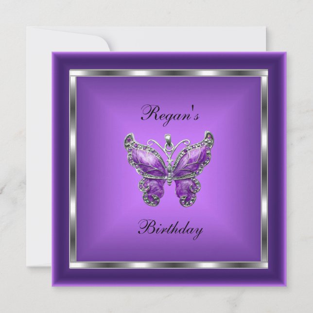 Lila Butterfly Silver Jewel Elegant Birthday Inbjudningar (Framsida)