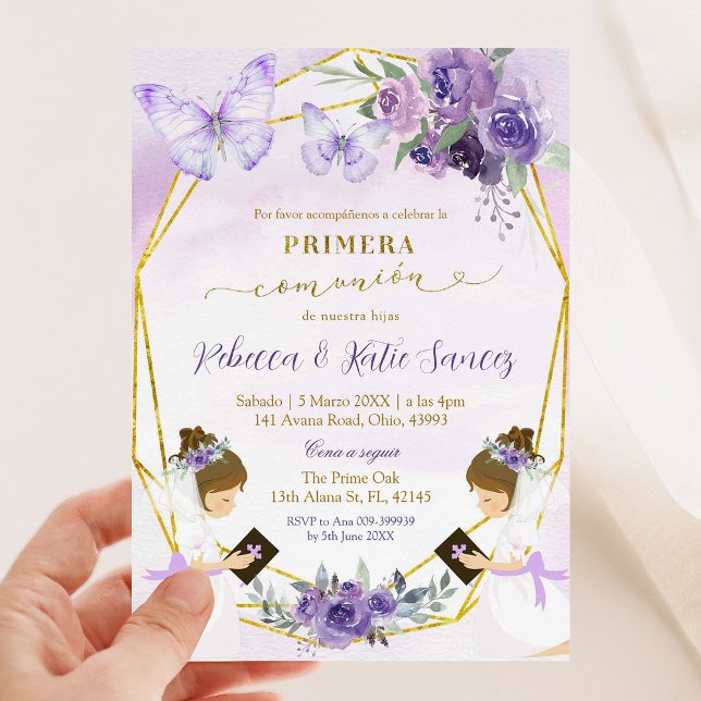 Lila Butterfly Twillingars Primera Comunion Inbjudningar (Skapare uppladdad)