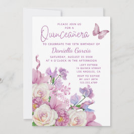 Lila Butterfly Watercolor Blommigt Quinceañera Inbjudningar