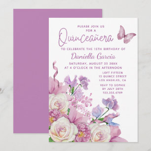 Lila Butterfly Watercolor Blommigt Quinceañera Inbjudningar