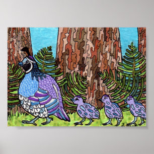 Lila California Quail med Spädbarn Mini Folk Art Poster