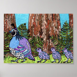 Lila California Quail med Spädbarn Mini Folk Art Poster