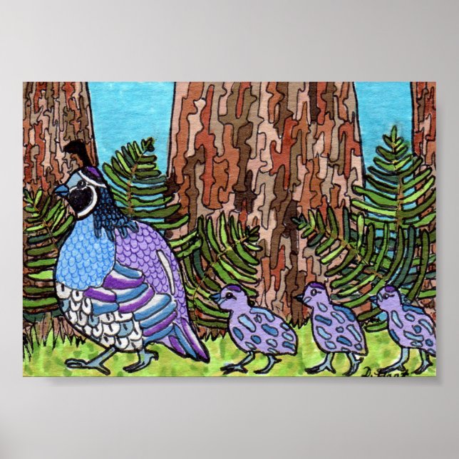 Lila California Quail med Spädbarn Mini Folk Art Poster (Framsidan)