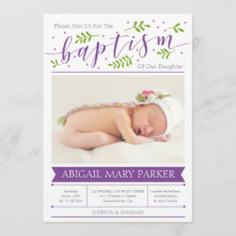 Lila Calligraphy Baptism Photo Inbjudningskort