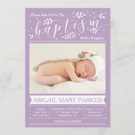 Lila Calligraphy Baptism Photo Inbjudningskort