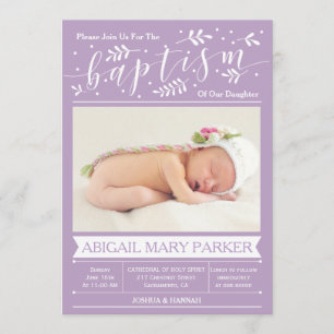 Lila Calligraphy Baptism Photo Inbjudningskort
