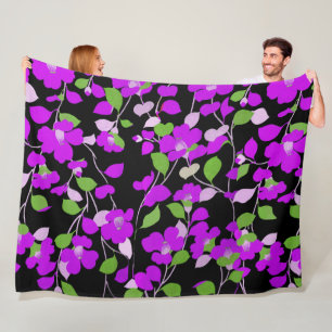 LILA CAMELLIAS,WHITE GRÖNT LÖV BLACK Blommigt Fleecefilt