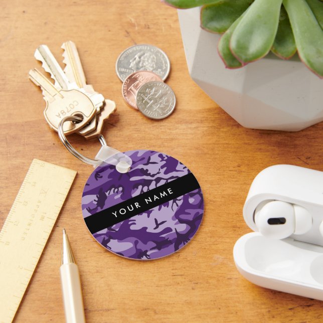 Lila Camouflage Ditt namn anpassar dig Nyckelring (Skrivbord)