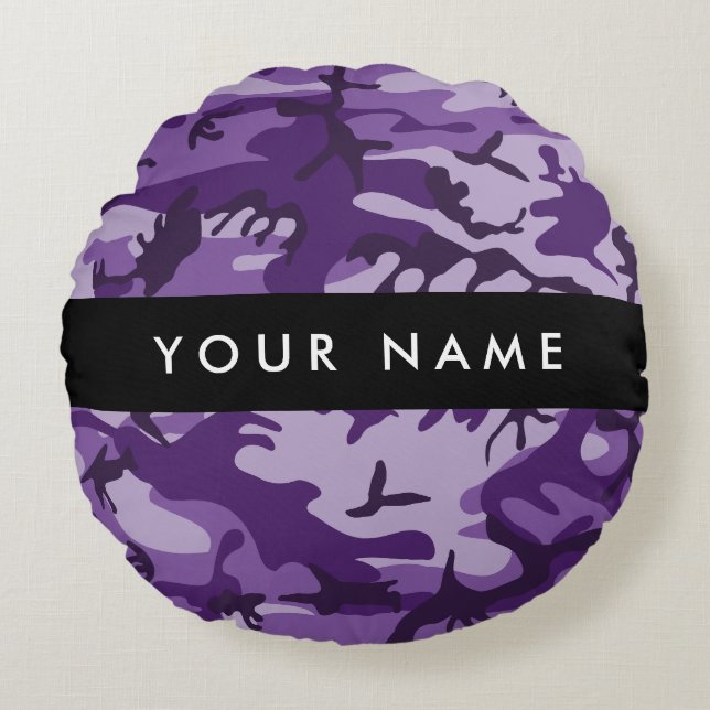 Lila Camouflage Ditt namn anpassar dig Rund Kudde (Framsidan)