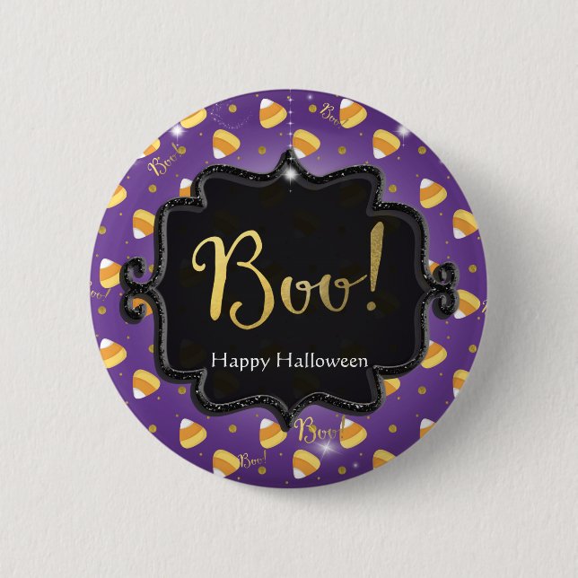 Lila Candy Corn & Guldprickar Whimsical Halloween Knapp (Framsida)