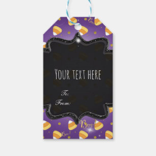 Lila Candy Corn & Guldprickar Whimsical Halloween Presentetikett