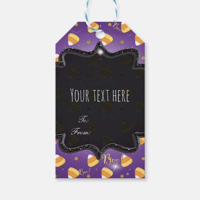 Lila Candy Corn & Guldprickar Whimsical Halloween Presentetikett (Framsidan)