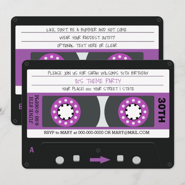 Lila Cassette Tape Retro 80s Födelsedagsfest Inbjudningar (Fram/baksida)