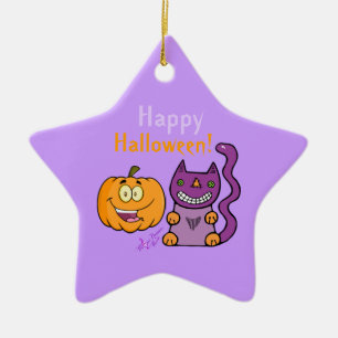 Lila Cat & Pumpkin Happy halloween Star Ornament