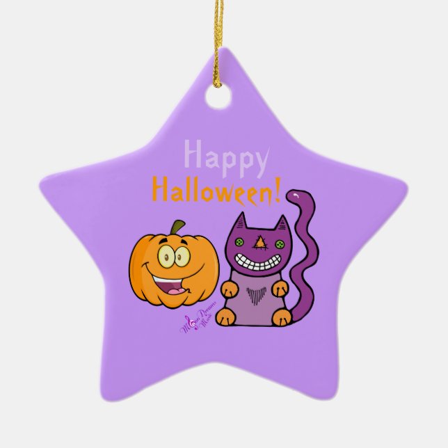 Lila Cat & Pumpkin Happy halloween Star Ornament (Framsidan)