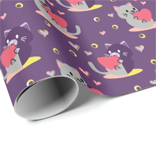 Lila Cat Wrapping Papper - Adsible Kittens Presentpapper (Rullad Hörn)