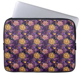 Lila Celestial Blommigt Sol Måne och Stars Laptop Fodral