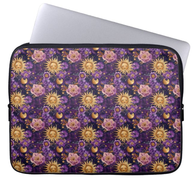 Lila Celestial Blommigt Sol Måne och Stars Laptop Fodral (Framsidan)