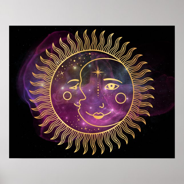 Lila Celestial Sol och Måne Poster (Framsidan)