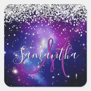 Lila Celestial Sparkly Silver Glitter Monogram Fyrkantigt Klistermärke