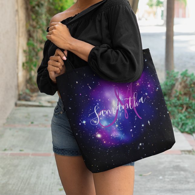 Lila Celestiala Rymdfoto Monogram Tygkasse (Purple Celestial Photo Monogram Tote Bag)