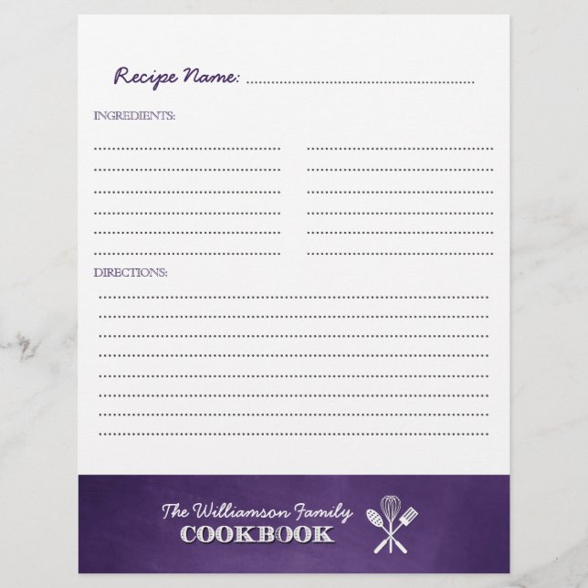 Lila Chalkboard Family Cookbook Binder Infoga (Framsida)