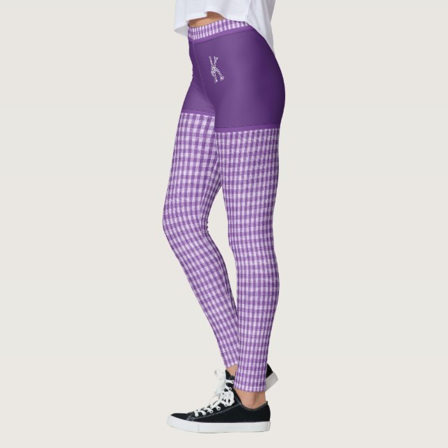 Lila Checkered Fabric Print Initial Personlig Leggings (Vänster)