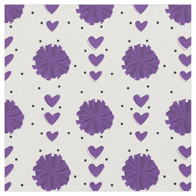 Lila Cheerleader Pom Poms & Hearts Mönster Tyg (Närbild)