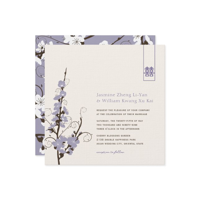 Lila Cherry Blommars Sakura Swirls Asian Bröllop Inbjudningar (Fram/Back In Situ)