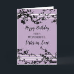 Lila Cherry Blommars Sister i Lag Birthday Kort<br><div class="desc">Födelsedag för syster i juridik med söt lila och svart körsbärsbil blommar träd och tankfull vers.</div>