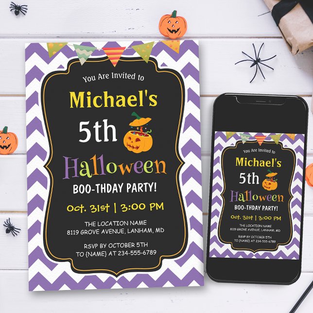 Lila Chevron Barn Halloween Födelsedagsfest Inbjudningar (Make your child's birthday a truly special with this delightful and customizable invitation!)