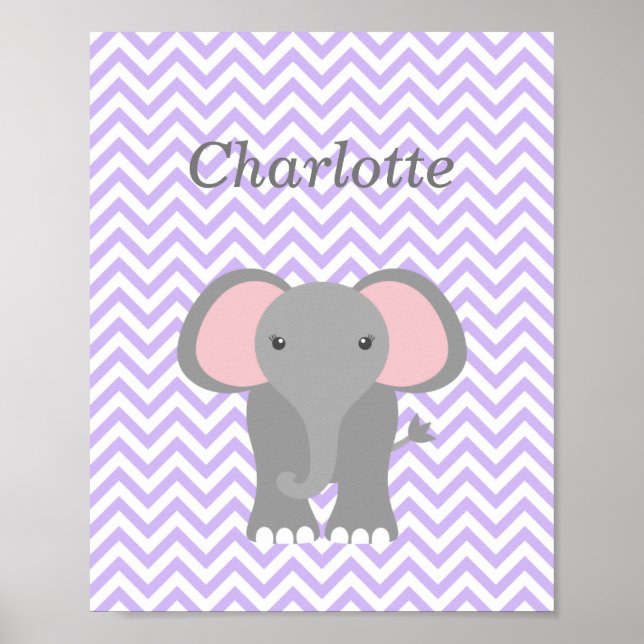 Lila Chevron Elephant Personlig Nursery Decor Poster (Framsidan)