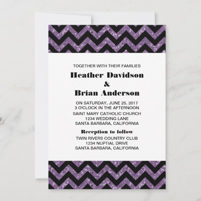 Lila Chevron Glitter bröllopsinbjudan Inbjudningar (Framsida)