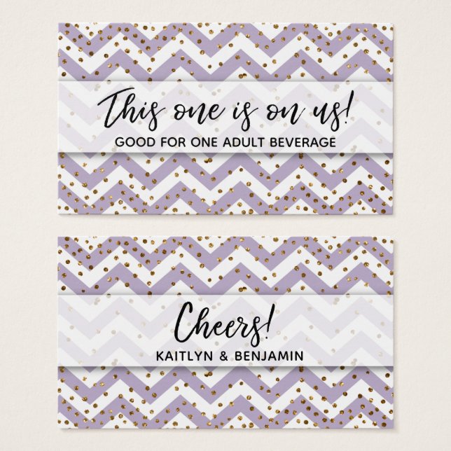 Lila Chevron & Guld Konfetti Drinkbiljetter Visitkort (Framsida & baksida)
