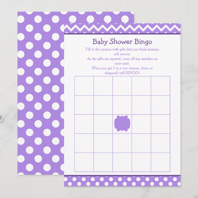 Lila Chevron och Polka Dot Baby Shower Bingo Inbjudningar (Fram/baksida)