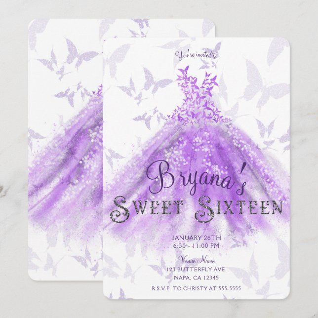 Lila Chic Butterfly Dance Dress Sweet 16 Inbjudningar (Fram/baksida)