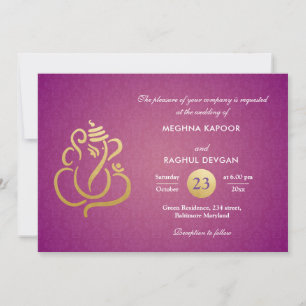 Lila Chic Gold Foil Ganesha Indian Damask Inbjudningar