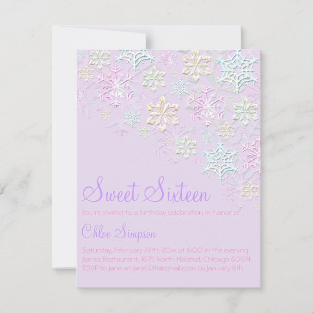 Lila Chic Snowflake Sweet16 Inbjudan (Framsida)