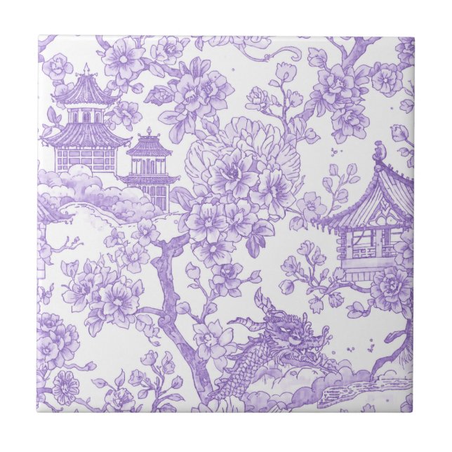 Lila Chinoiserie Toile Drak Sakura Kakelplatta (Framsidan)