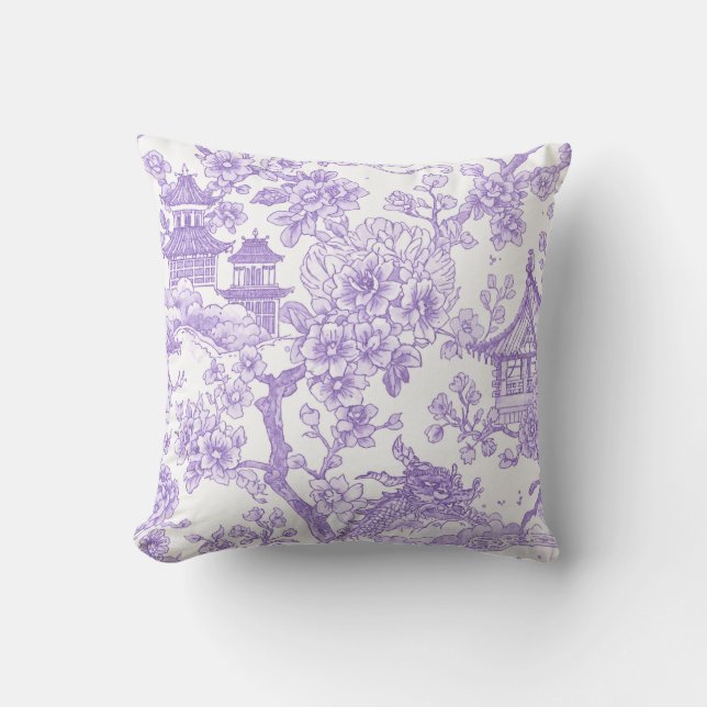 Lila Chinoiserie Toile Drak Sakura Kudde (Framsida)
