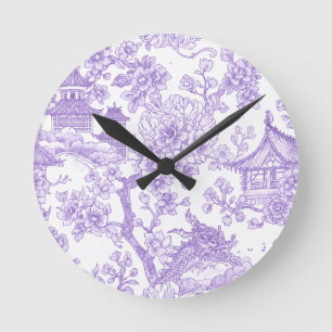 Lila Chinoiserie Toile Drak Sakura Rund Klocka